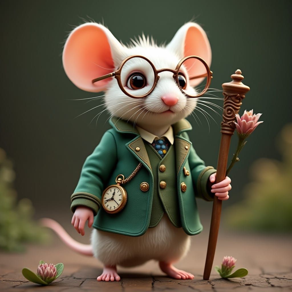 Whimsical White Mouse in Elegant Steel Frame Glasses and Eme...