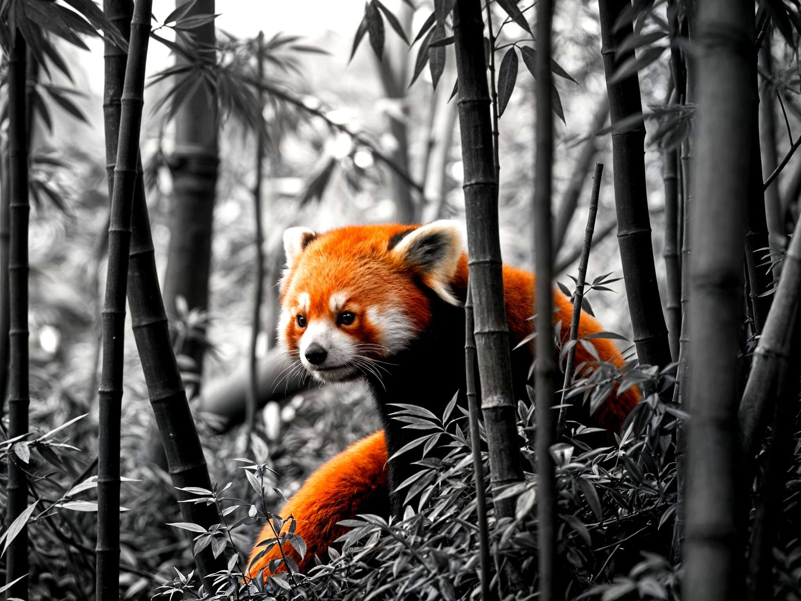 Vibrant Red Panda in Black and White Forest