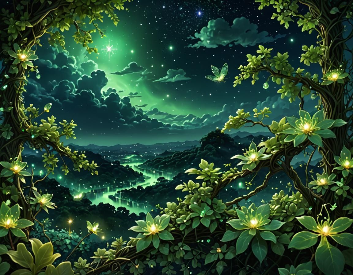 Mystical Emerald Key Under Starry Night Sky