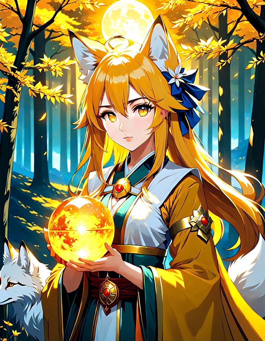Golden Fox Priestess in Anime Key Visual Style