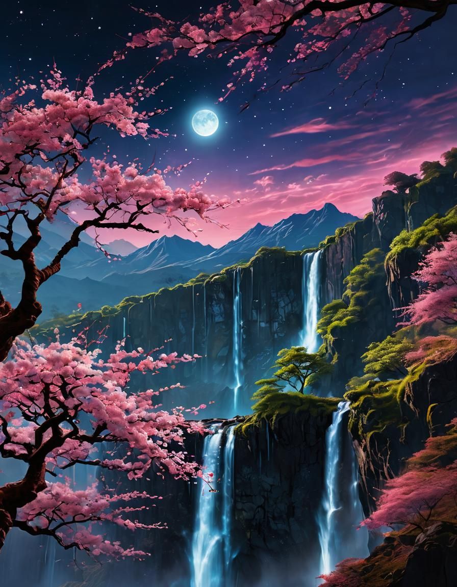 Nebula Moonrise with Cherry Blossoms Digital Art