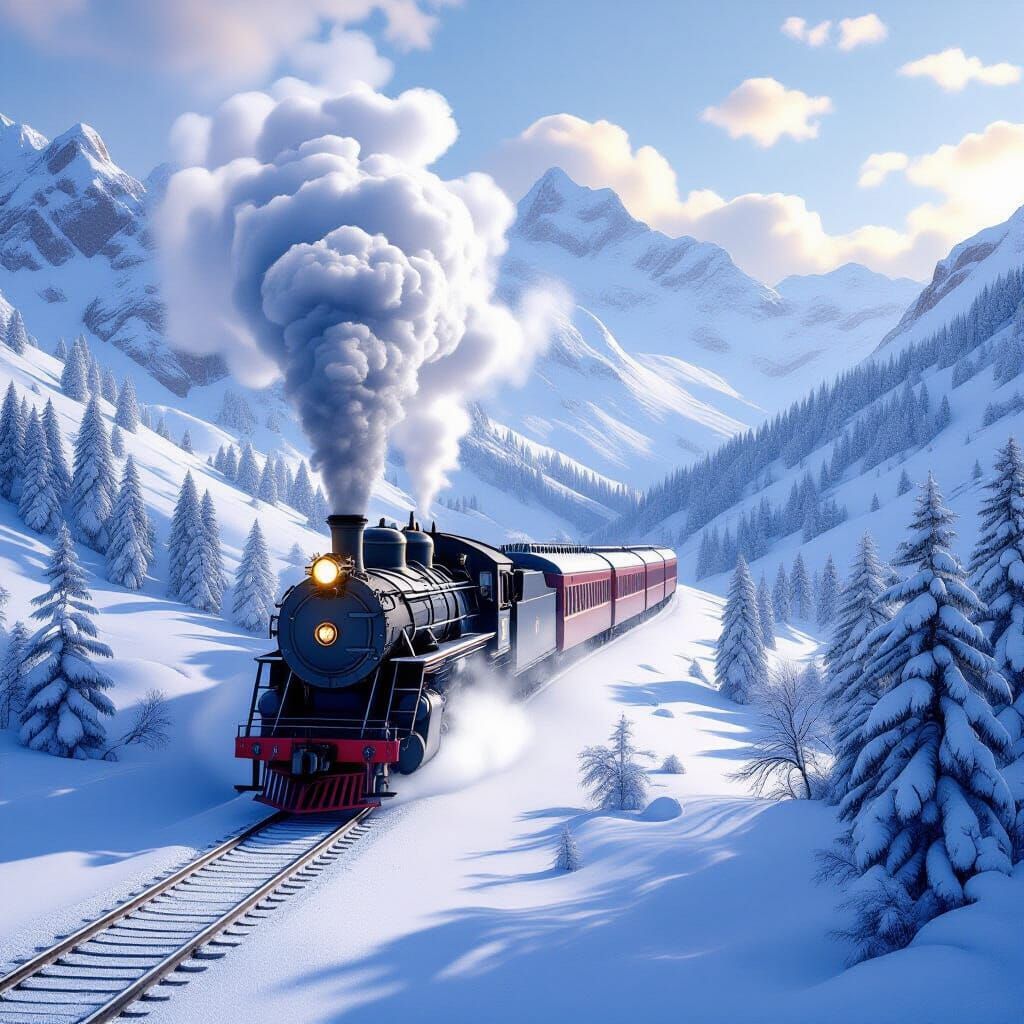Majestic Steam Train in Snowy Valley Fantasy Art