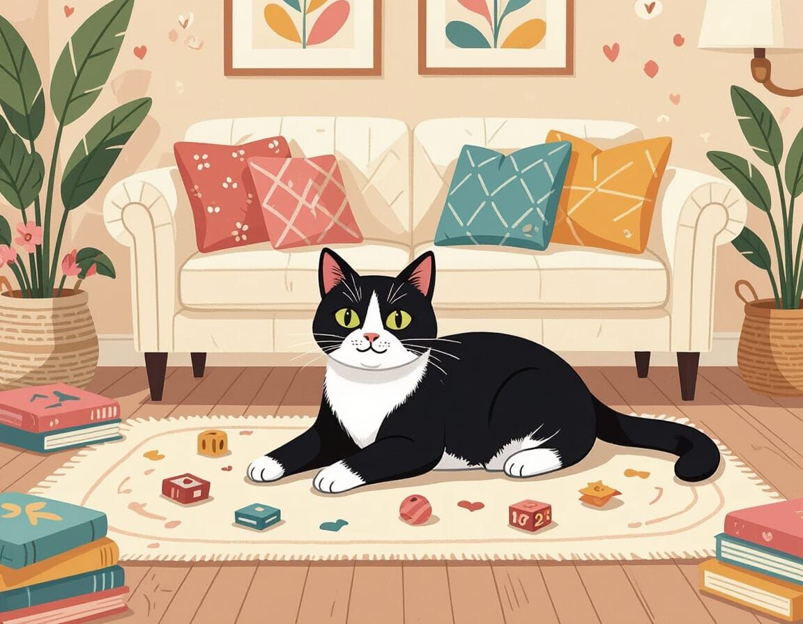 Tuxedo Cat Plays in Living Room in Ligne Claire Style