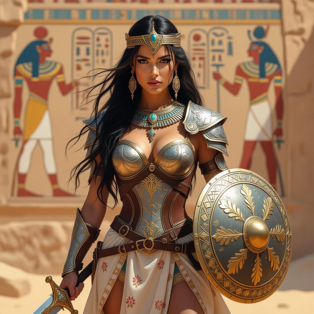 Heroic Warrior Woman in Ornate Armor, Digital Painting