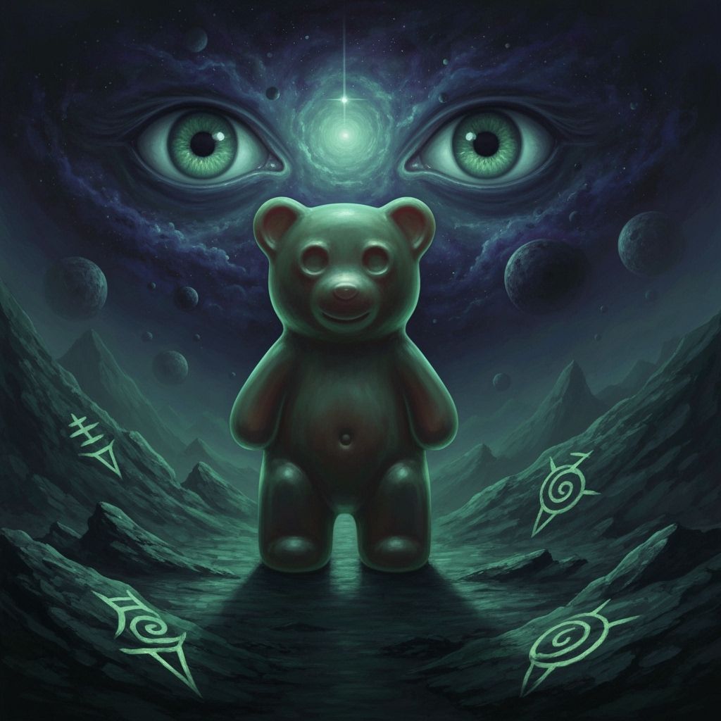 Gummy Bear in Cosmic Horror Landscape Oil Painting
