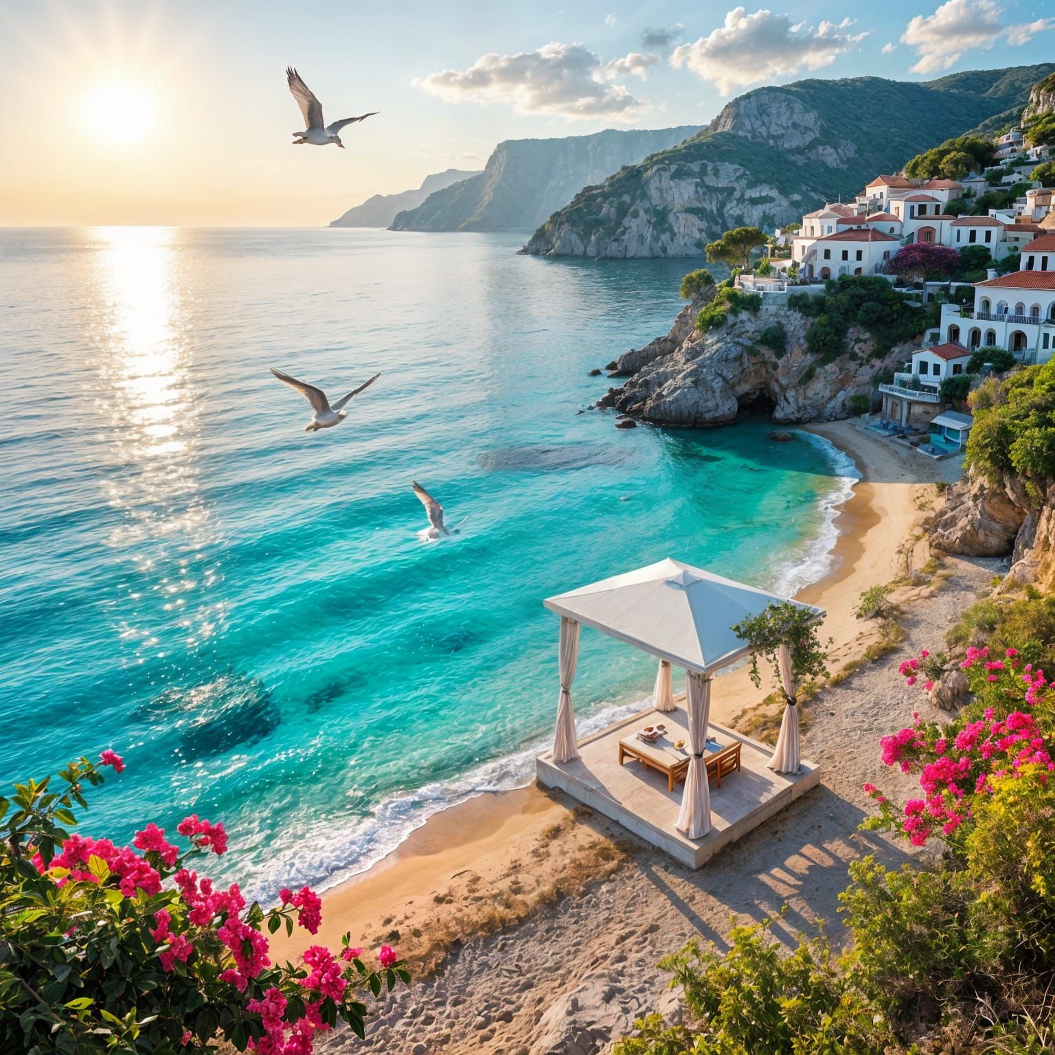 Sacred Mediterranean Beach at Dawn, Ultra-Detailed Cinematic