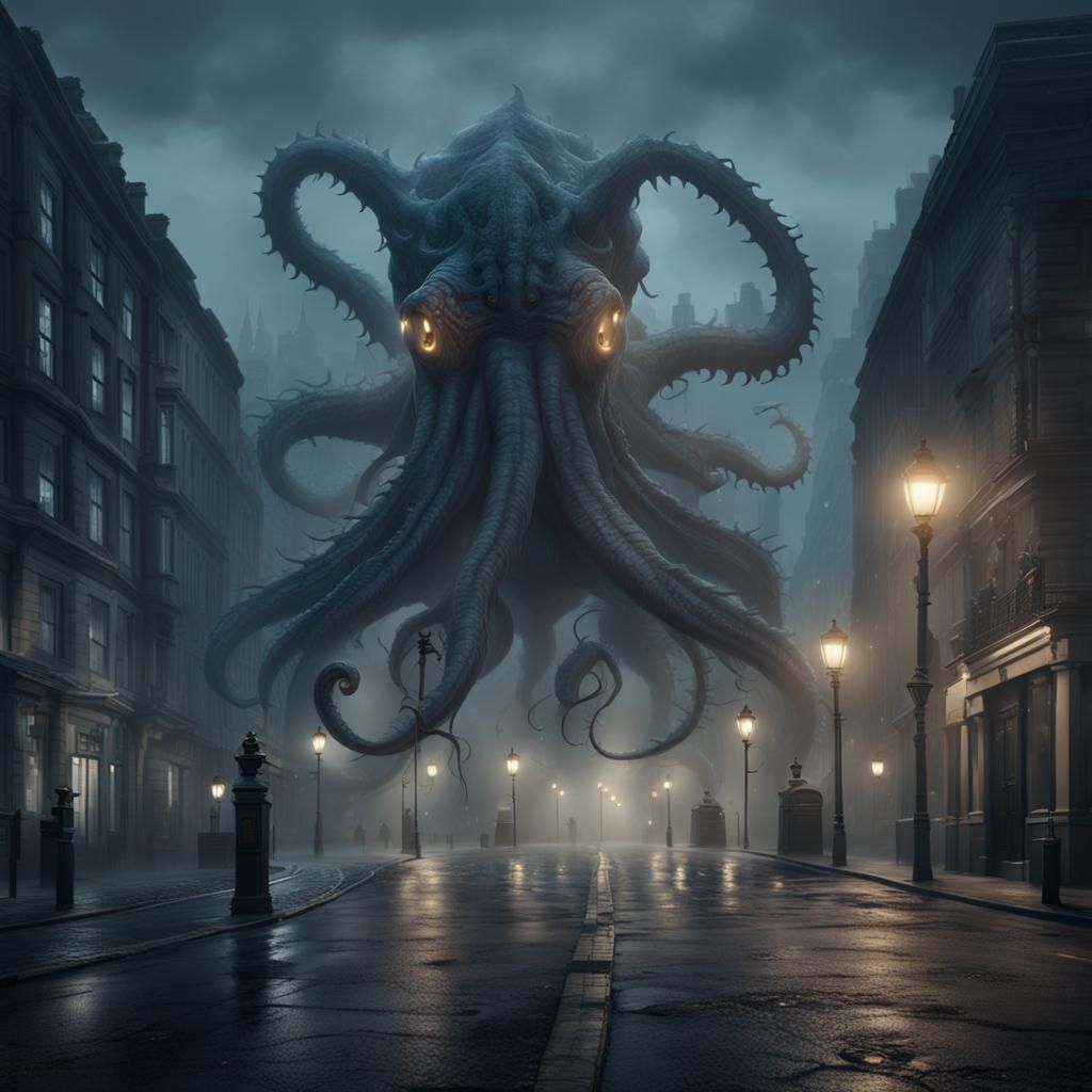 Giant Tentacle Creature in Foggy London Street
