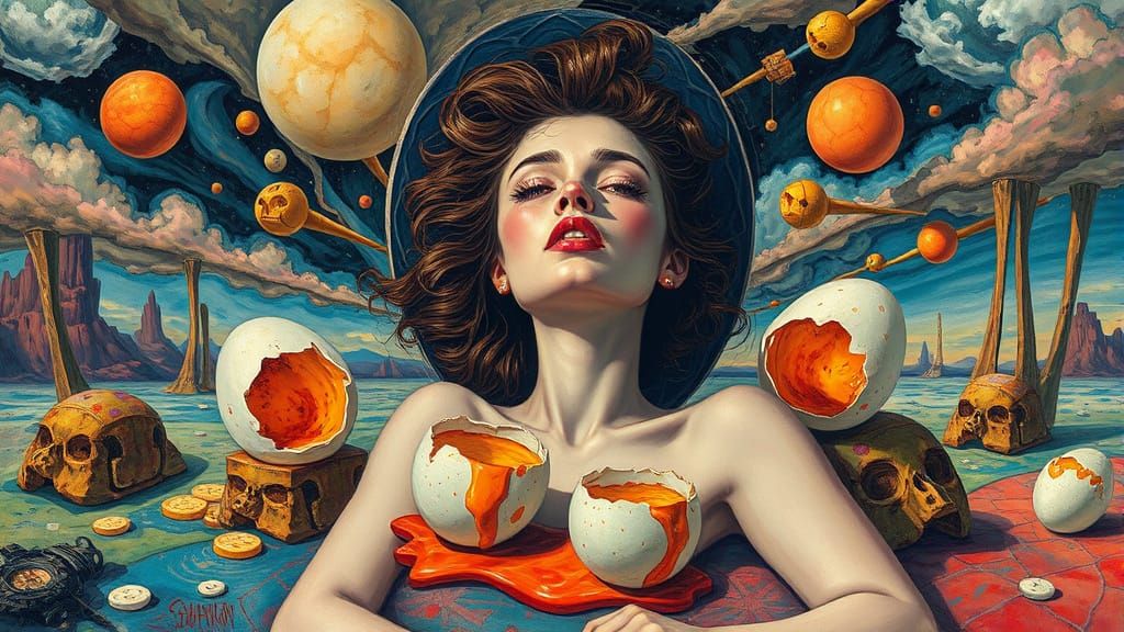 Surreal Dreamscape with Woman, Eggs, and Melting Objects