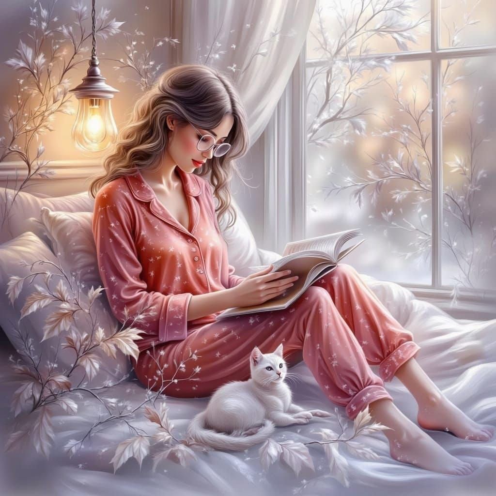 Woman Reading in Bed with Cat, Dreamlike Mixed Media Art