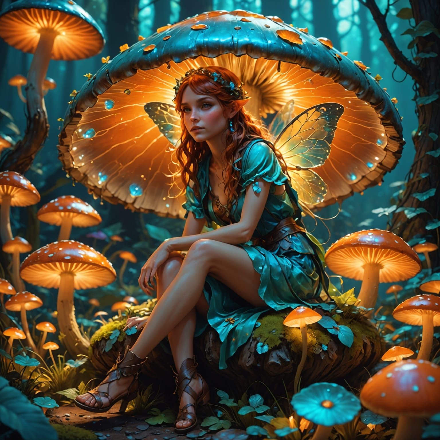 Enchanted Mushroom Oasis in Vibrant Triadic Colors