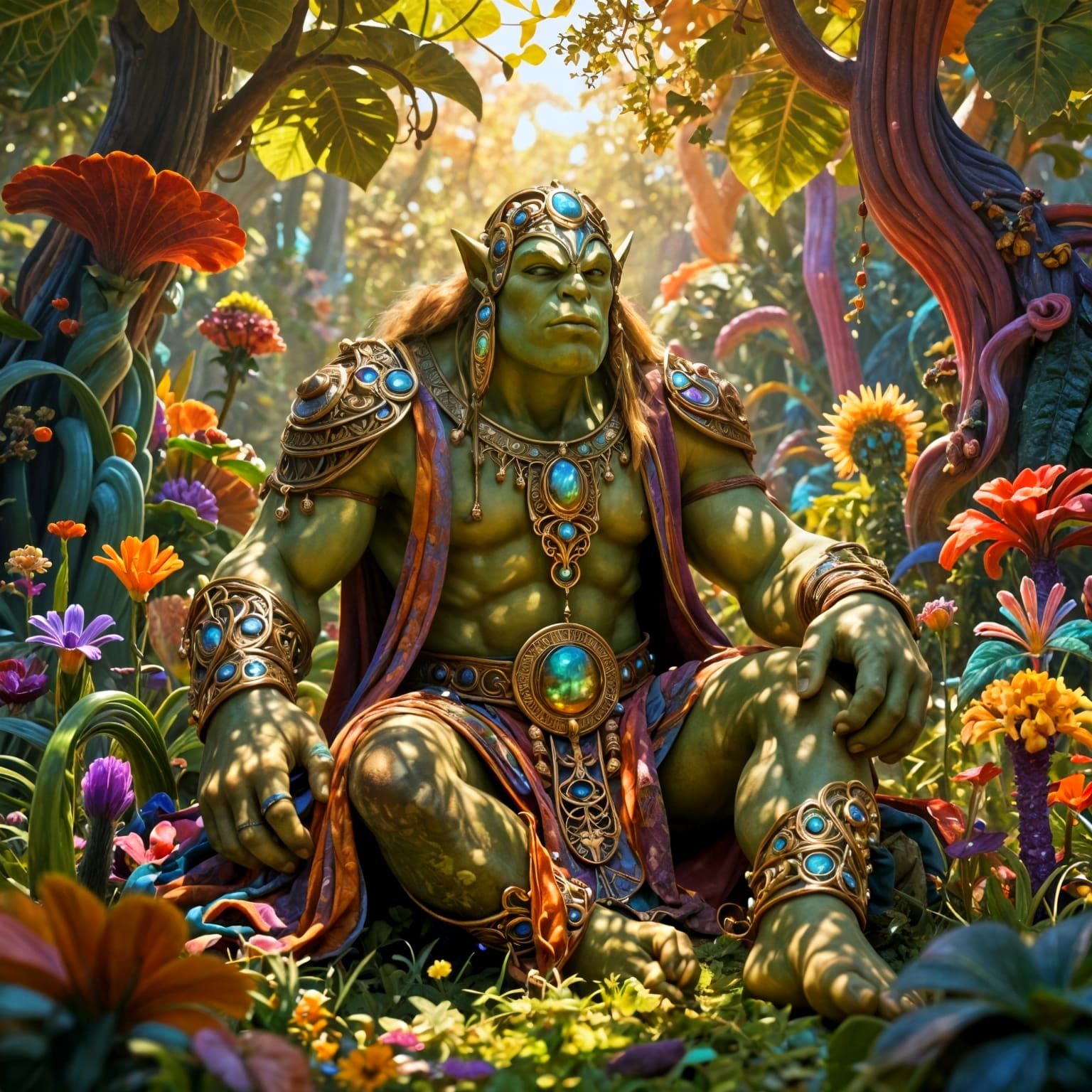 Ork Warrior in Psychedelic Art Nouveau Meadow