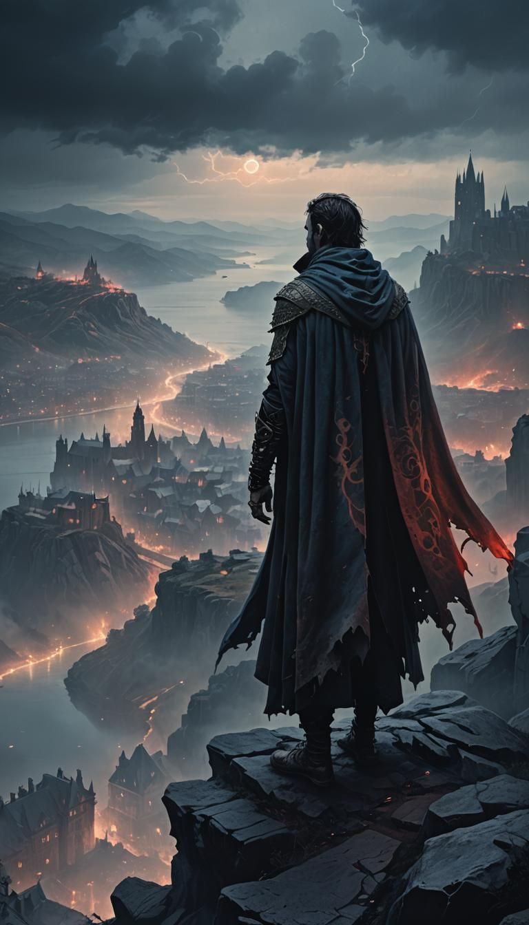 Brooding Hero Overlooks Misty City: Dark Fantasy Art