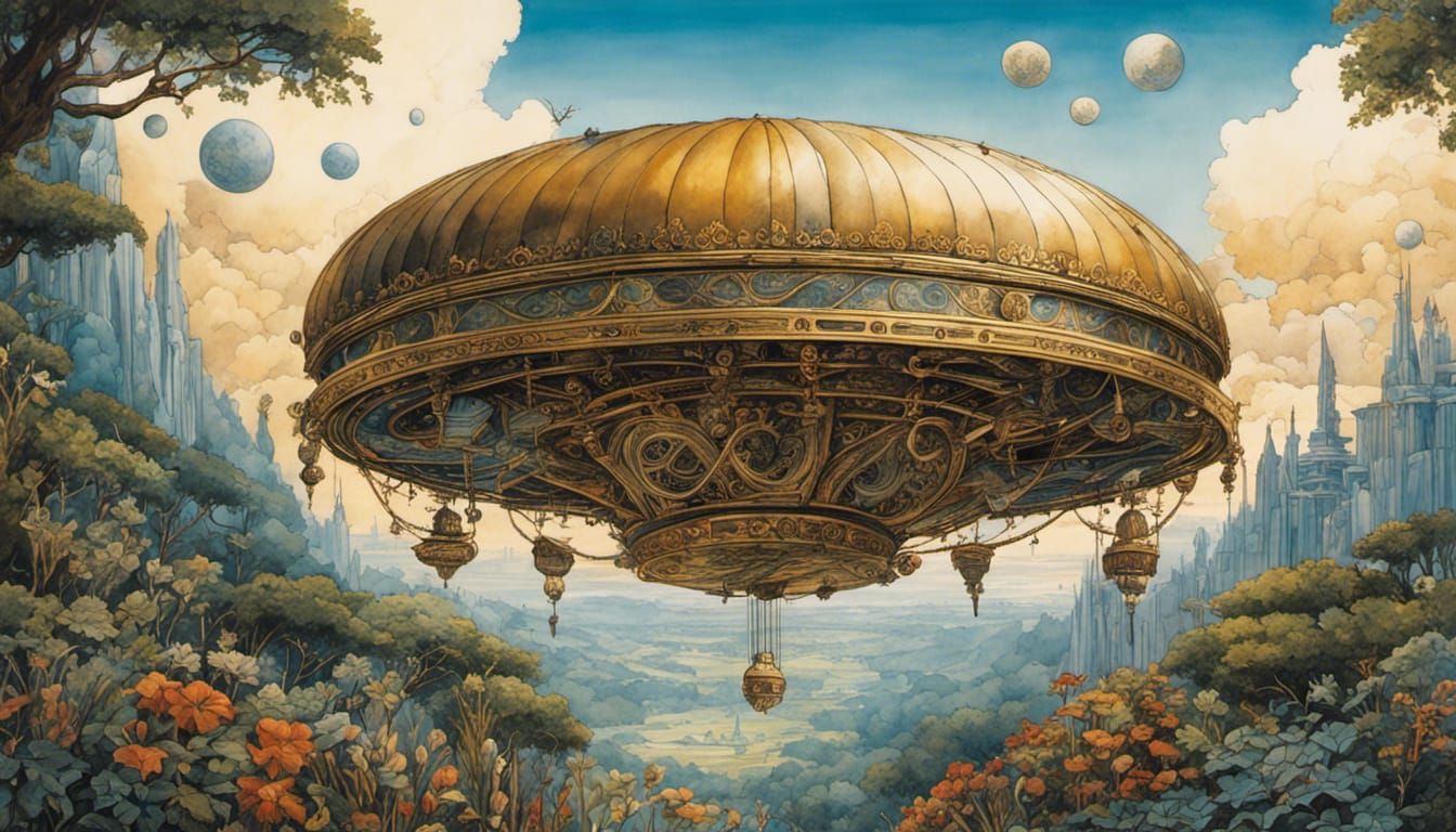 Whimsical Cloud City Garden: Intricate Ink Tambourine