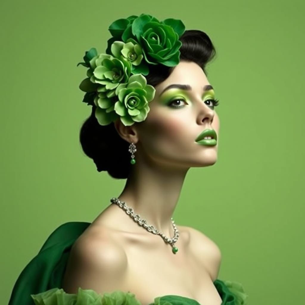 Elegant Woman in a Kaleidoscope of Greens
