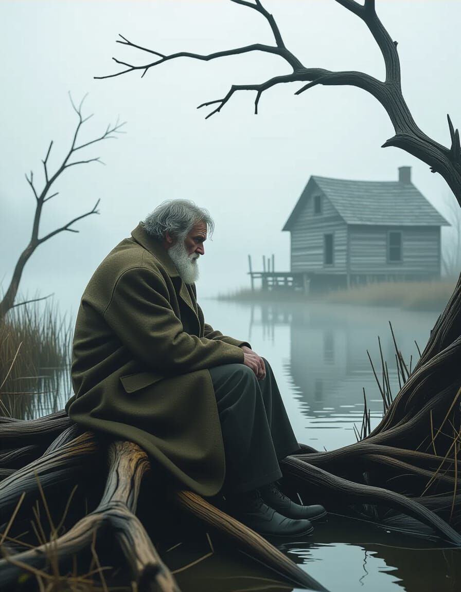 Eerie Marsh Scene with Old Man, Moody Cinematic Art