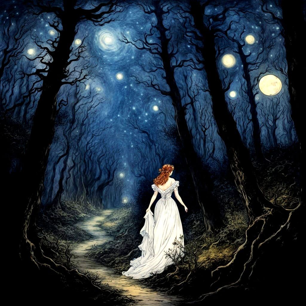 Bride walking through a dark and haunted forest, by Arthur Rackham, starry starry night, bright bright stars