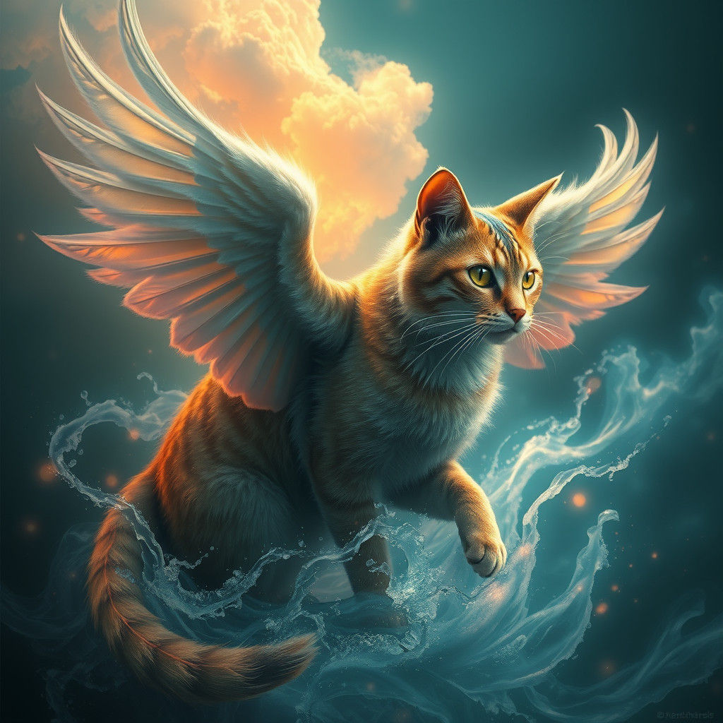 Majestic Aquatic Cat with Wings in Dreamlike Setting