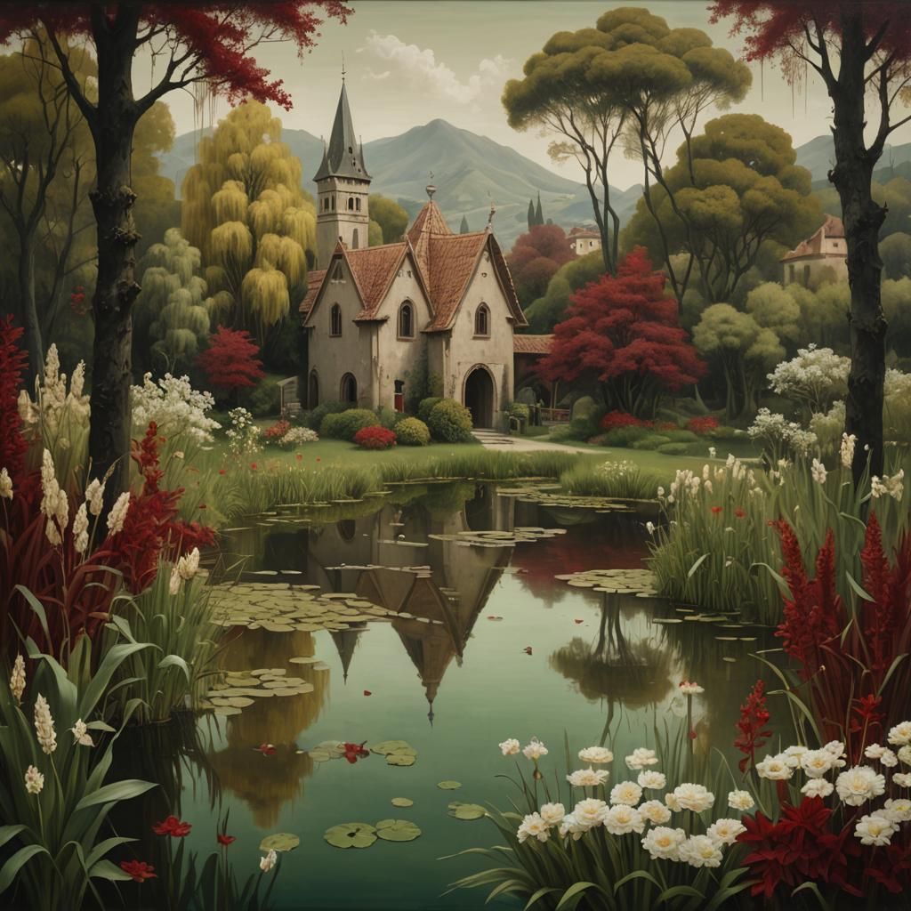 Surreal Village Pond with Medieval Pastoral Scenes