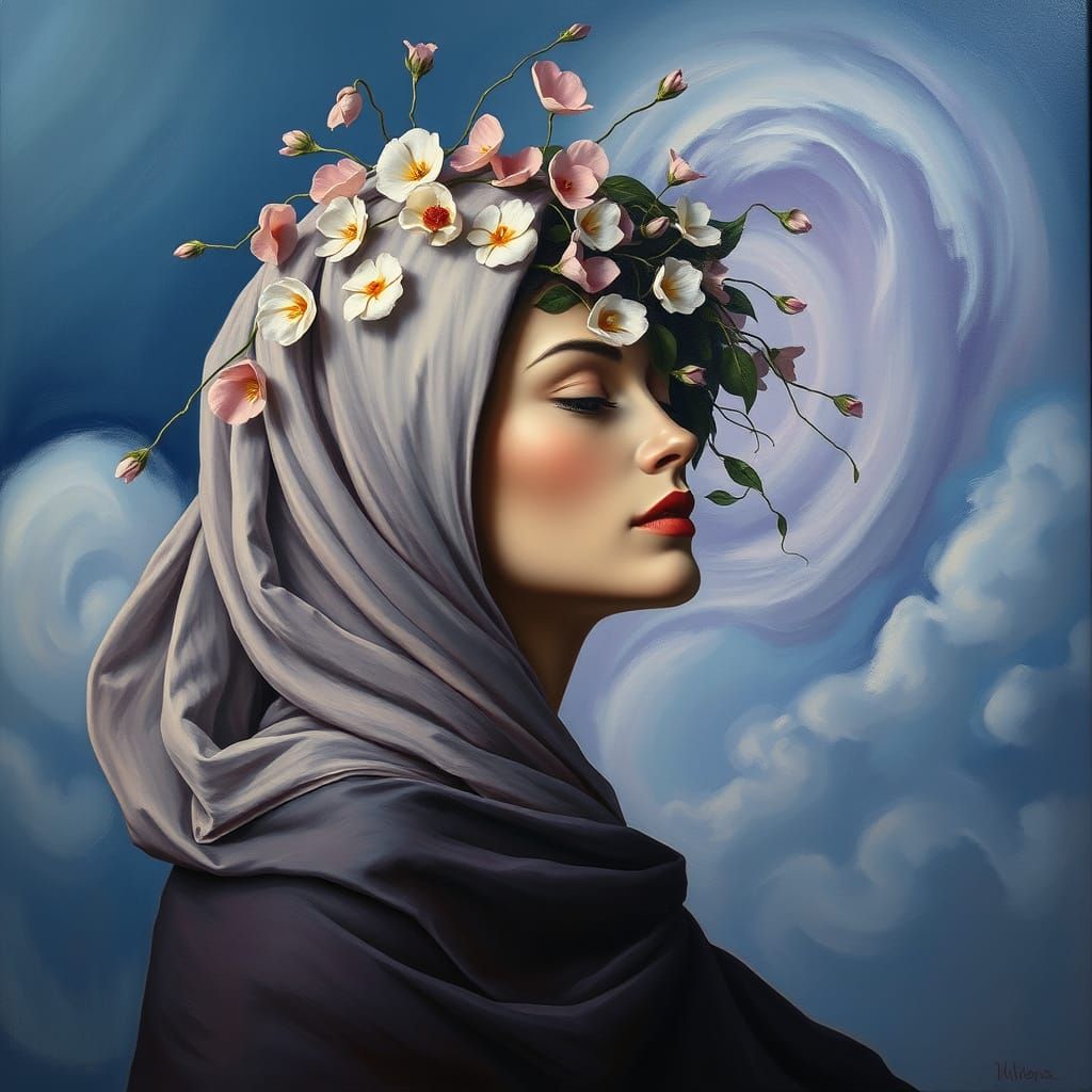 Serene Surrealist Goddess in a Floral Dreamscape