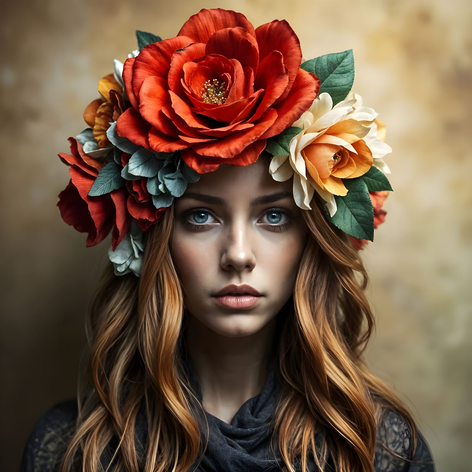 Viking Woman Adorned with Velvet and Silk Flower Wreath