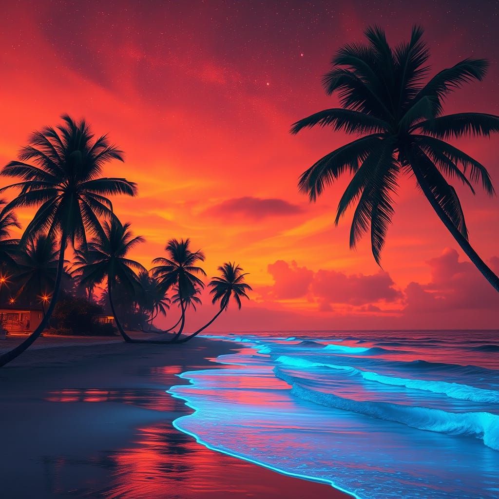 Bioluminescent Beach at Night in Cyberpunk Style