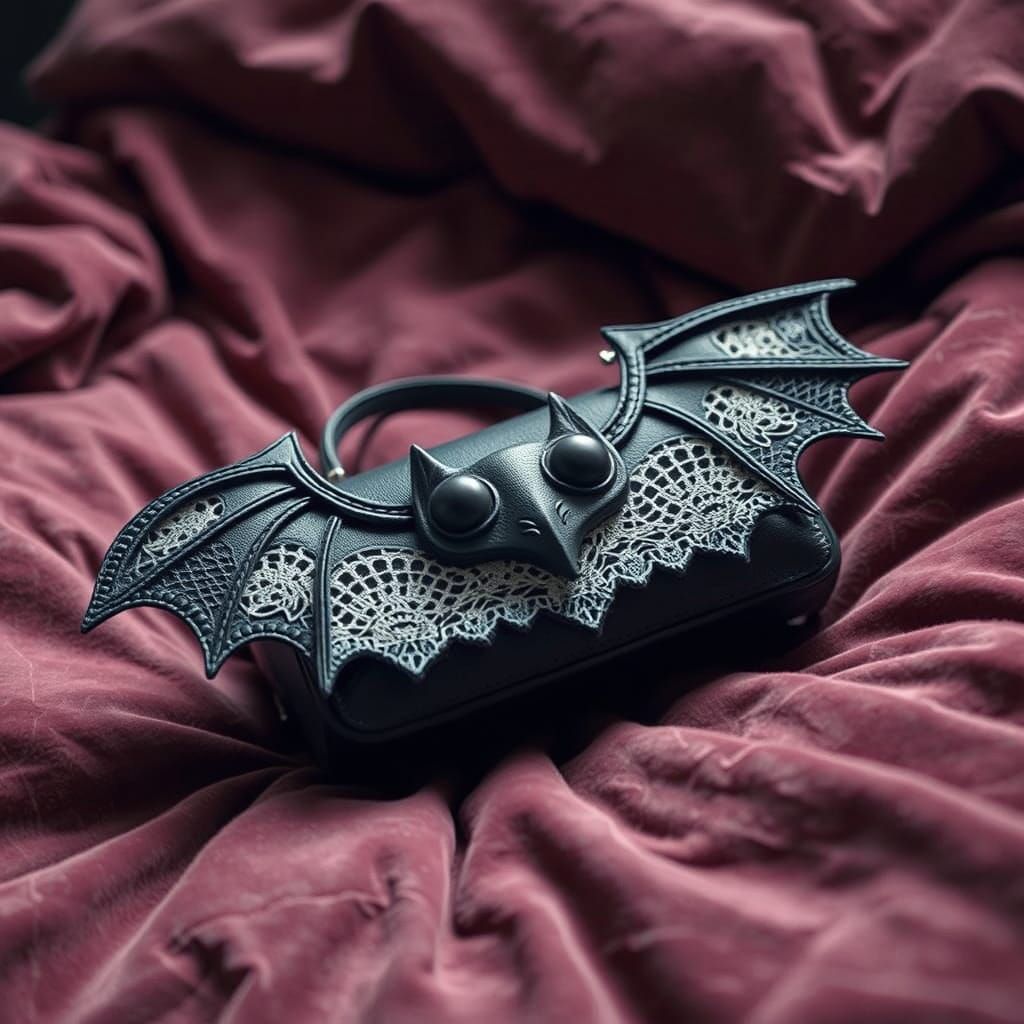 Hyperrealistic Bat Purse with Lace on Velvet