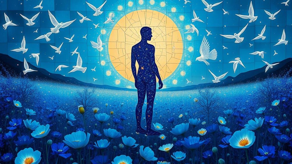 Blue Figure in Poppy Field, Surreal Art