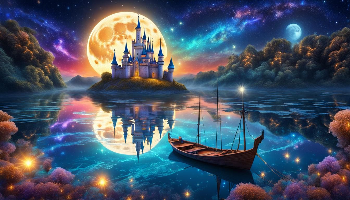 Fantasy Castle Sails Under Starry Moonlit Sky