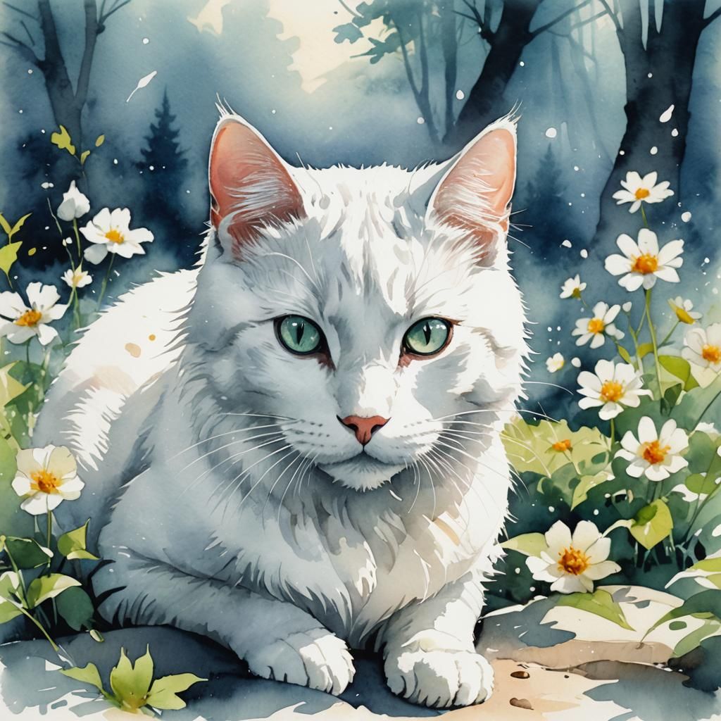 Watercolor White Cat Anime Style