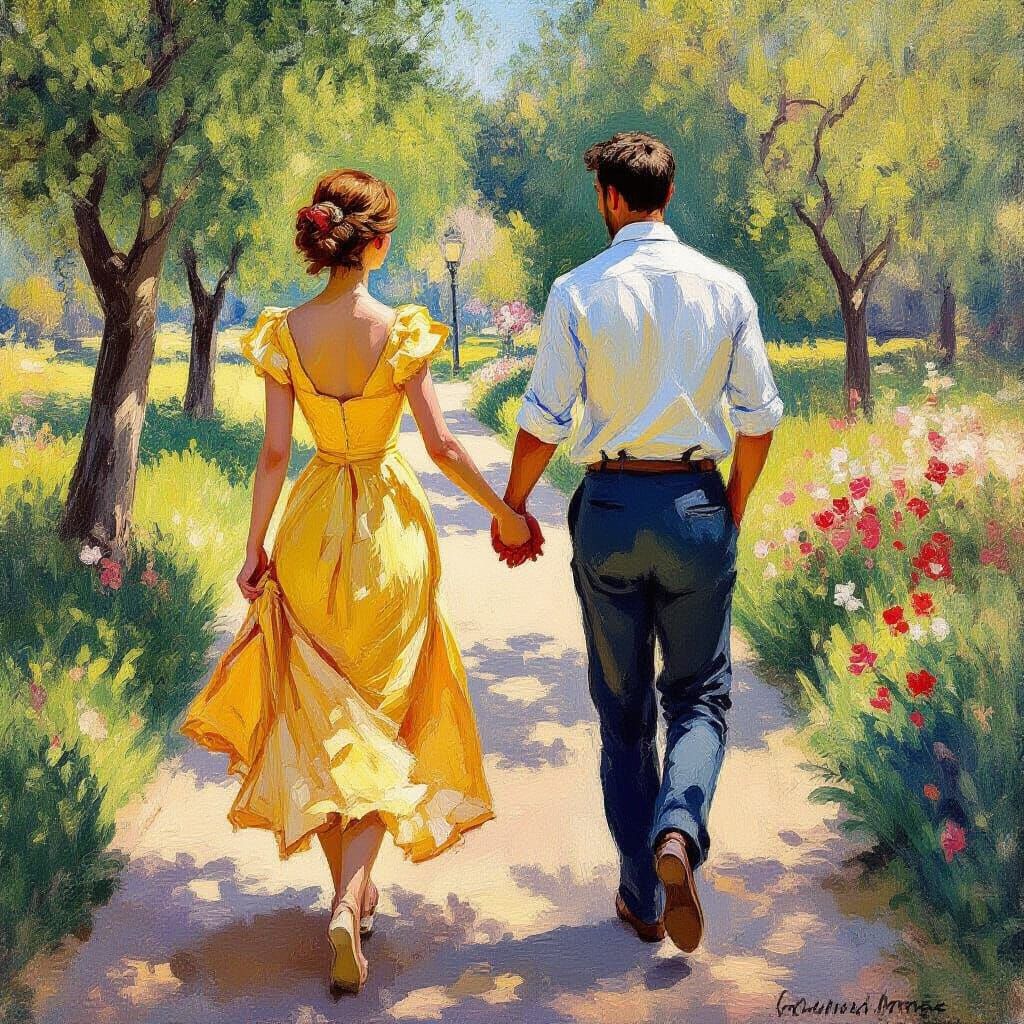 Couple Strolls Through Sunny Park in Impressionist Style