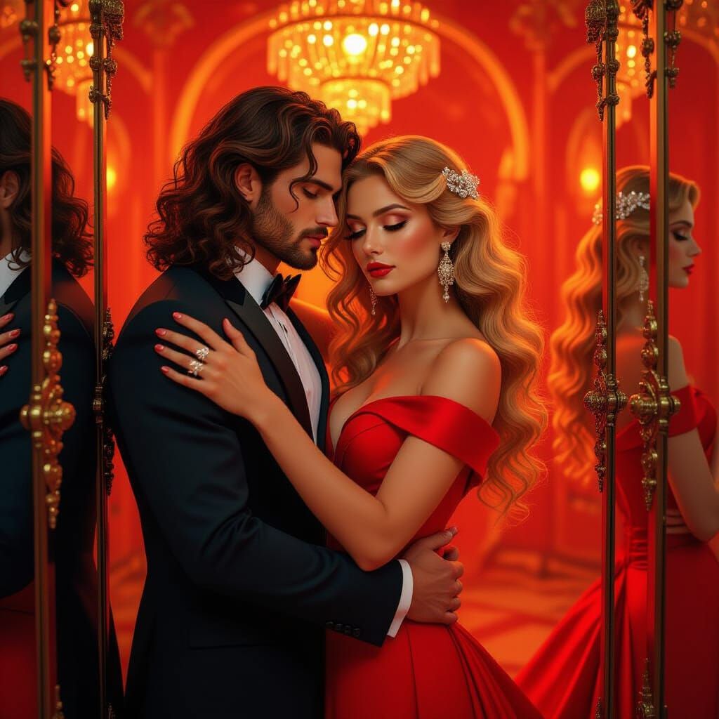 Psychedelic Embrace in Mirrored Room, Surreal Art