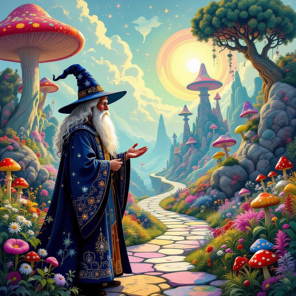 Wise Wizard in Surreal Alice in Wonderland Landscape