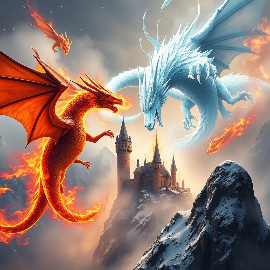 Majestic Dragons Engage in Epic Battle Above Medieval Castle