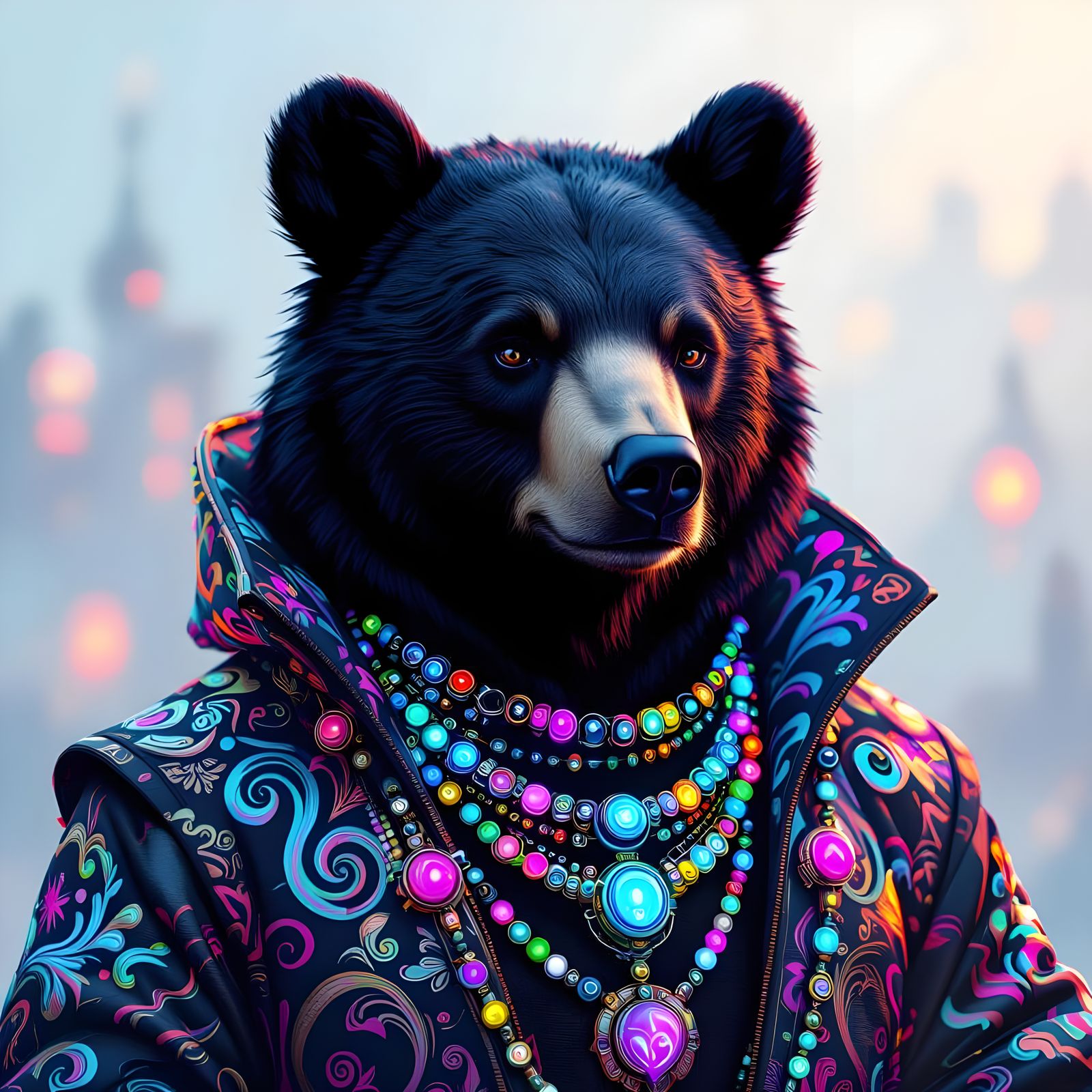 Hyperrealistic Black Bear Portrait with Futuristic Jewelry