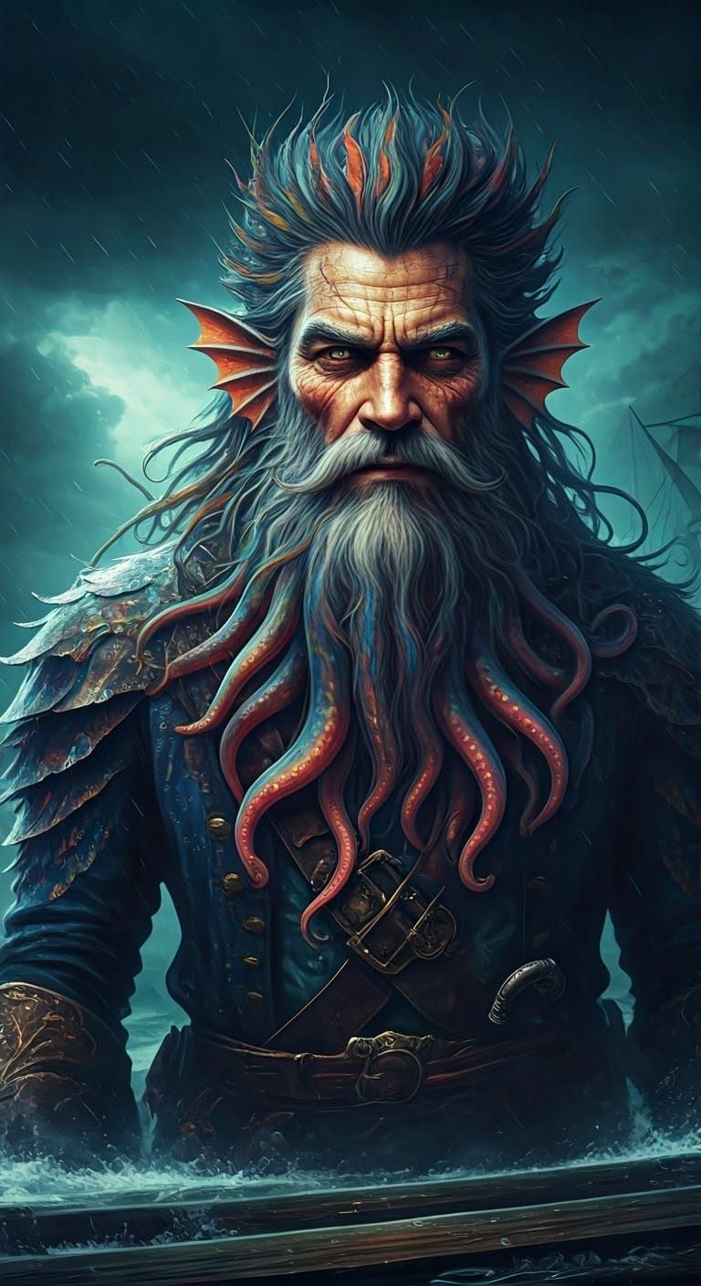 Water Genasi Pirate in Storm, Hyper-Realistic Fantasy Art