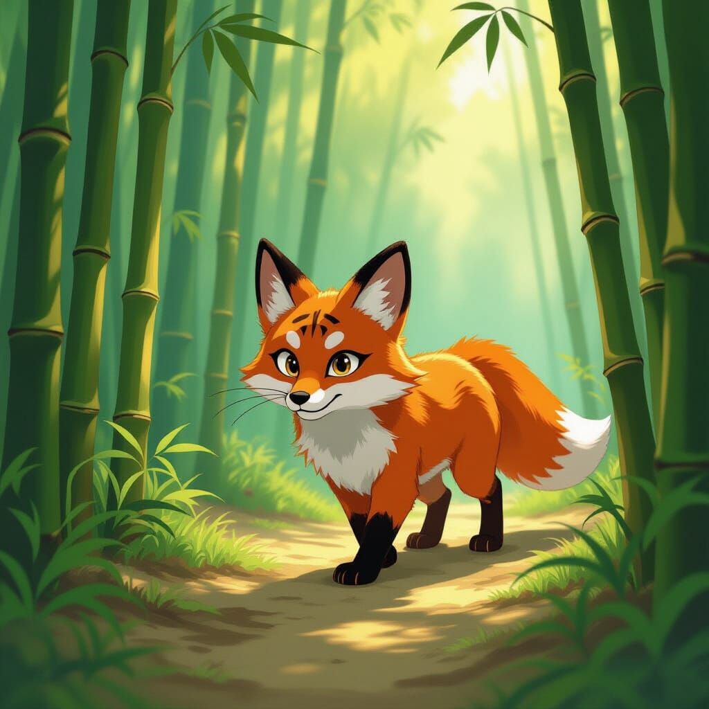 Tiger-Striped Fox in Bamboo Forest Studio Ghibli Style