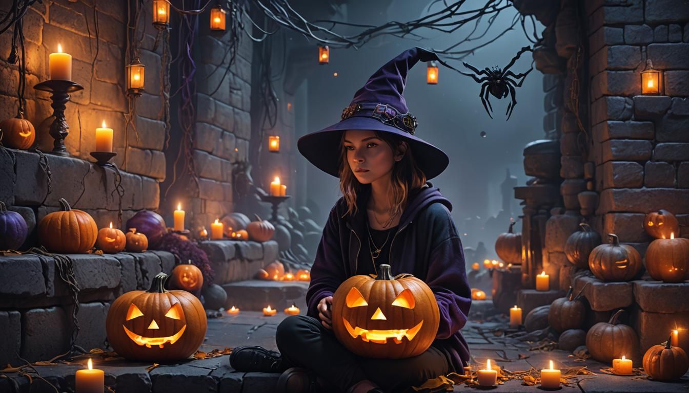 Cyberpunk Halloween Pumpkin with Girl, Fantasy Concept Art