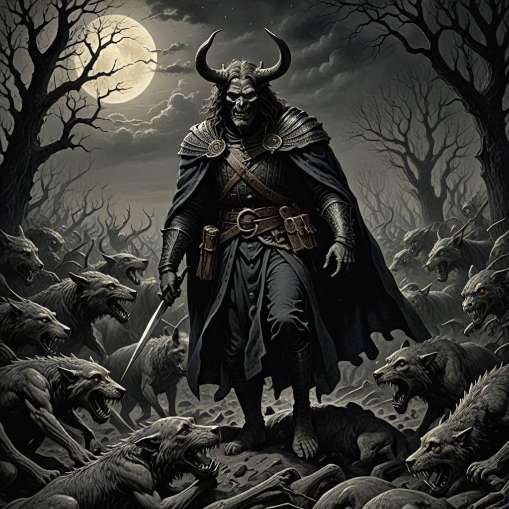 Gothic Horror Hunter at Twilight: Engraving Style