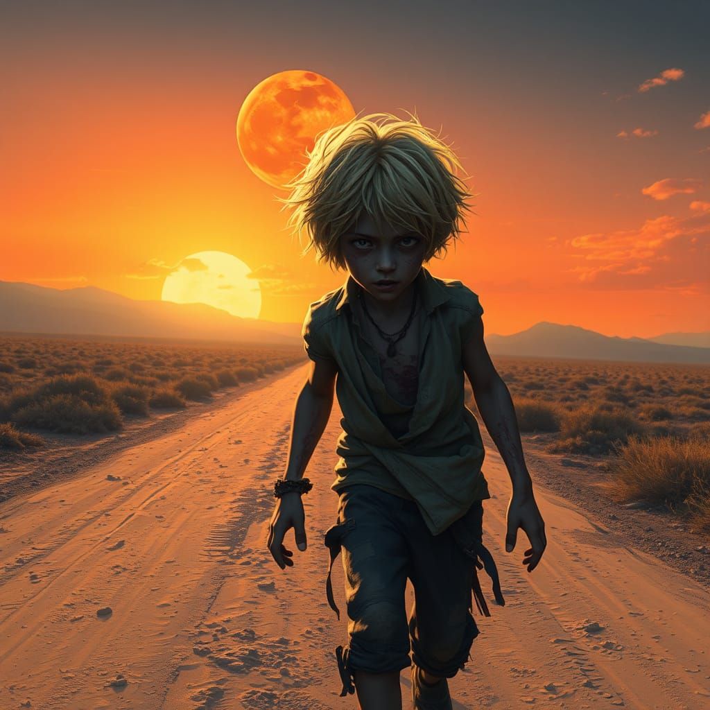 Zombie Boy Walks at Sunset: Fantasy Concept Art