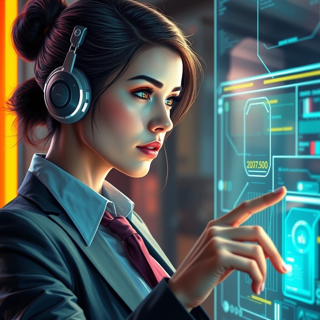 Futuristic Businesswoman Interacting with Holographic Interf...