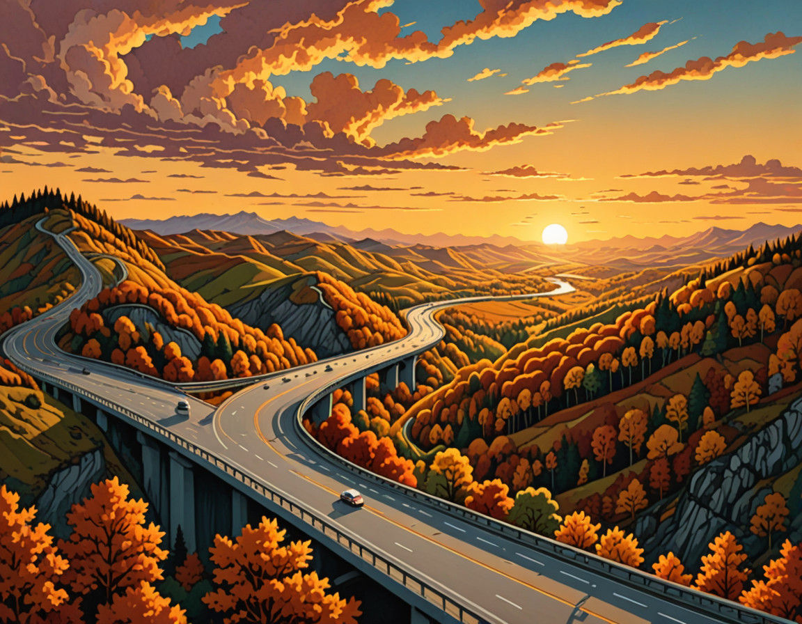 Escher-Inspired Autumn Landscape with Highway at Sunset