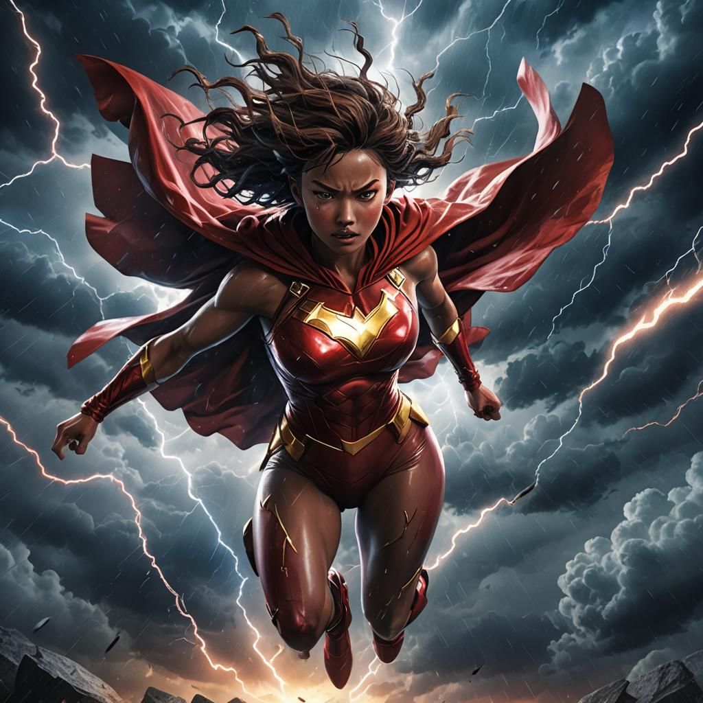 Superhero Soaring Through Stormy Skies in Anime Style
