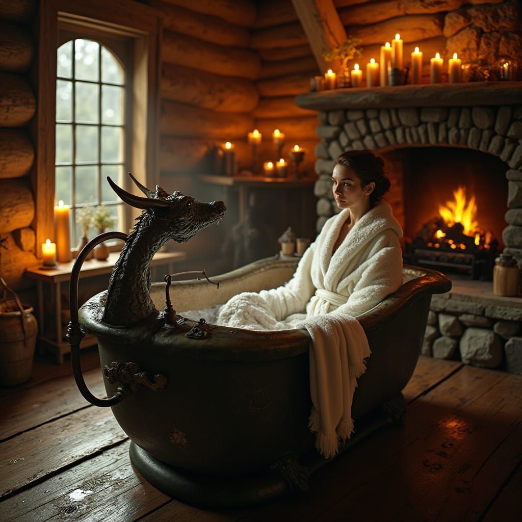 Woman Soaks in Dragon-Shaped Bathtub within Cozy Rustic Cabi...