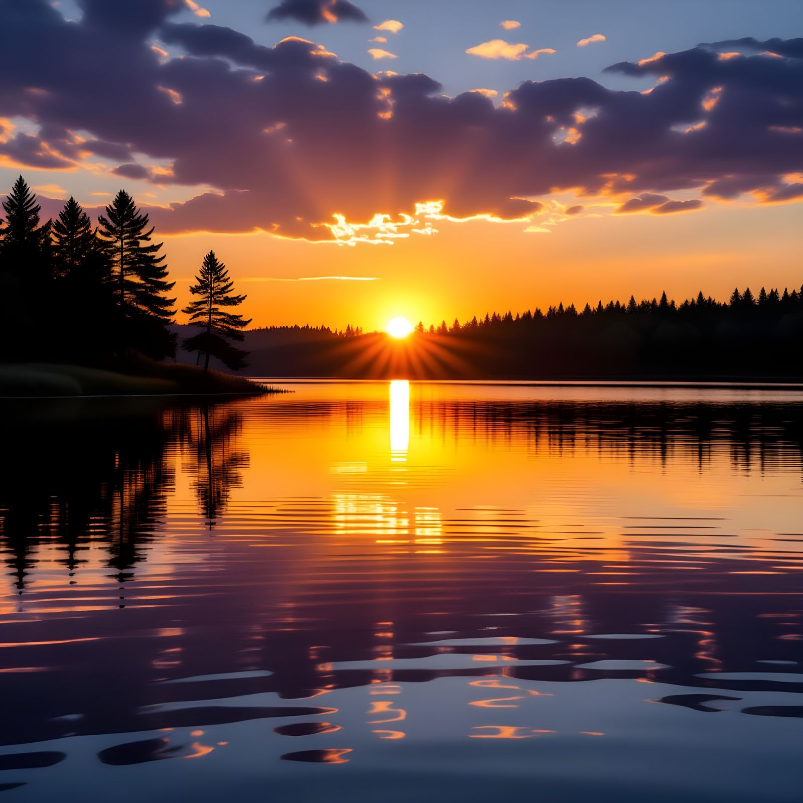 Serene Lakeside Sunset with Golden Reflections