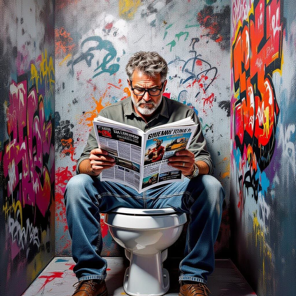 Man Reading Newspaper Amidst Graffiti Art