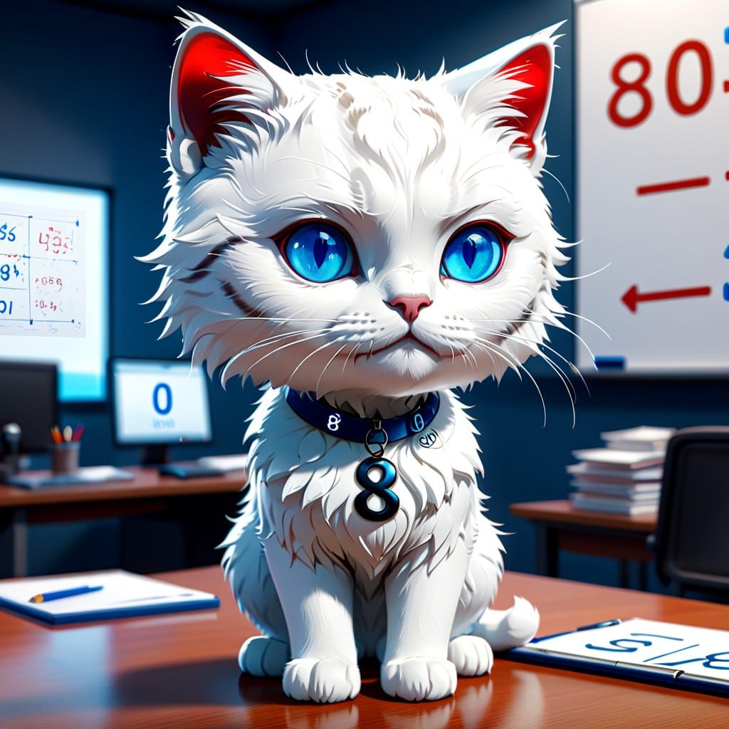 A chibi white female cat and the number 800 written on a whiteboard