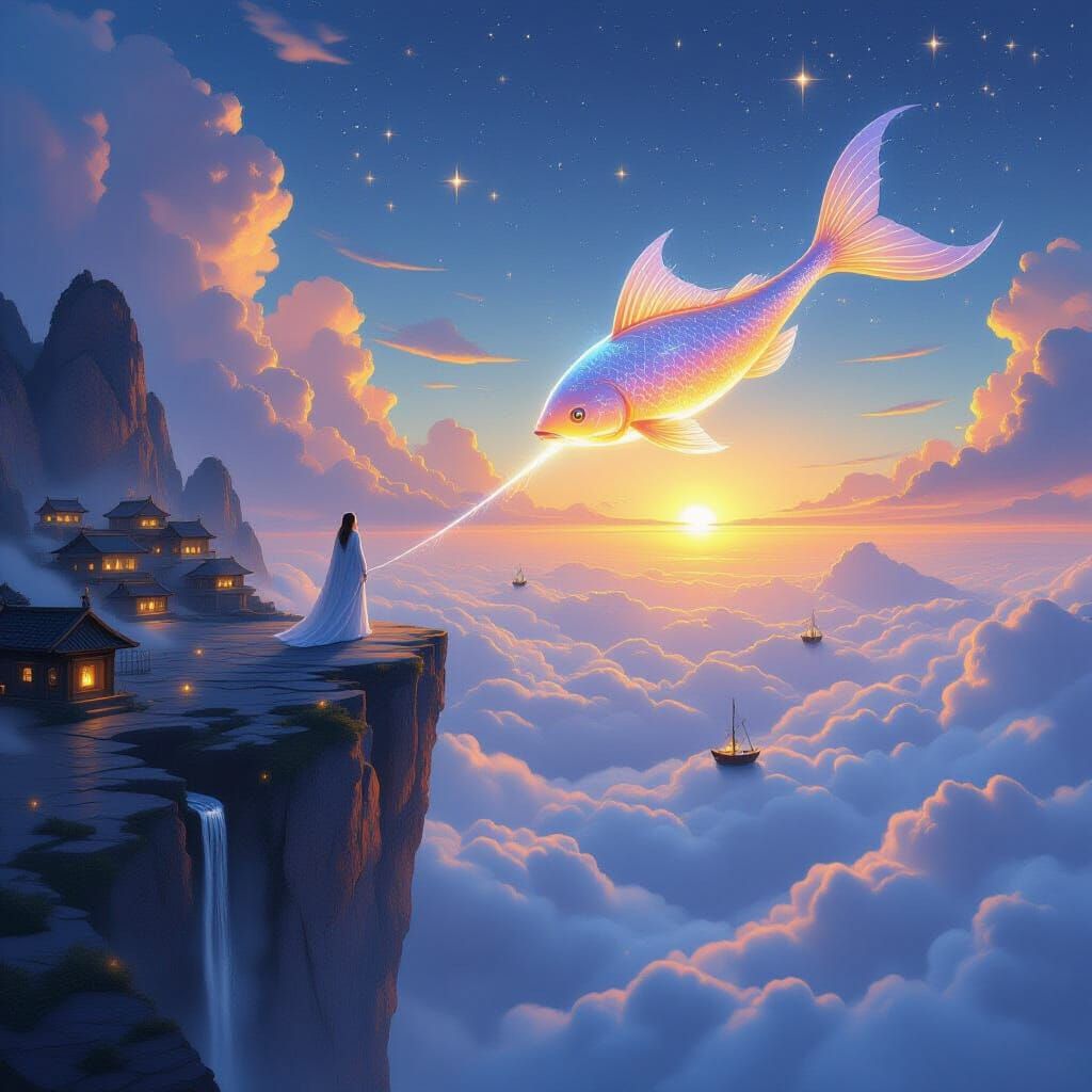 Celestial Fisherman Casting Line into Cloud Sea