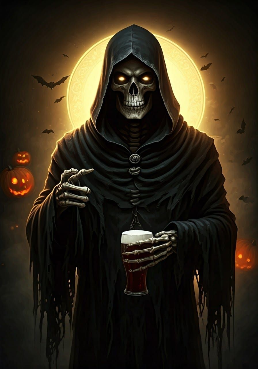 A haunting, high-contrast portrait of a skeletal figure drap...