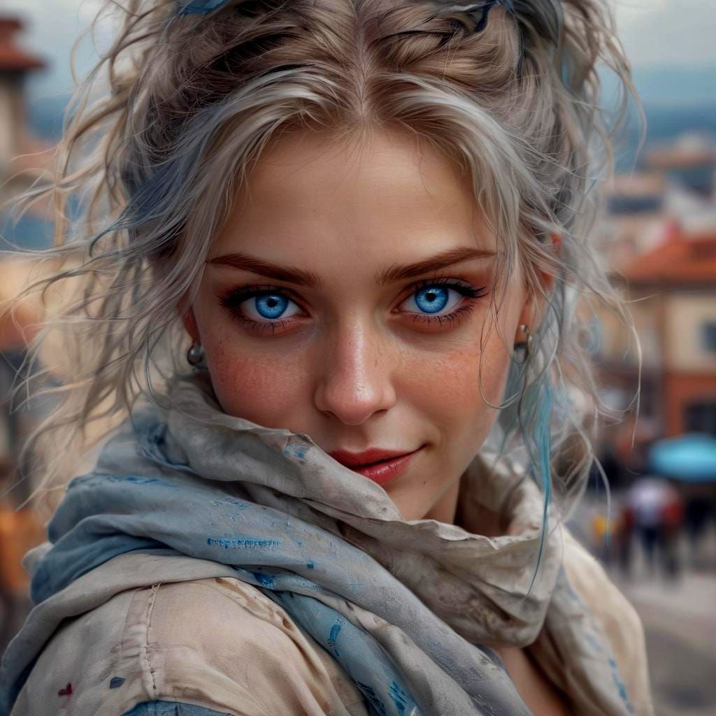 Intriguing Woman with Blue Eyes in Cityscape