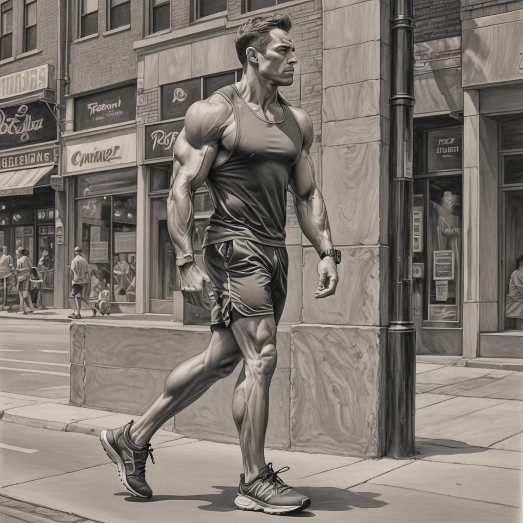 Detailed Graphite Drawing of Muscular Man Walking